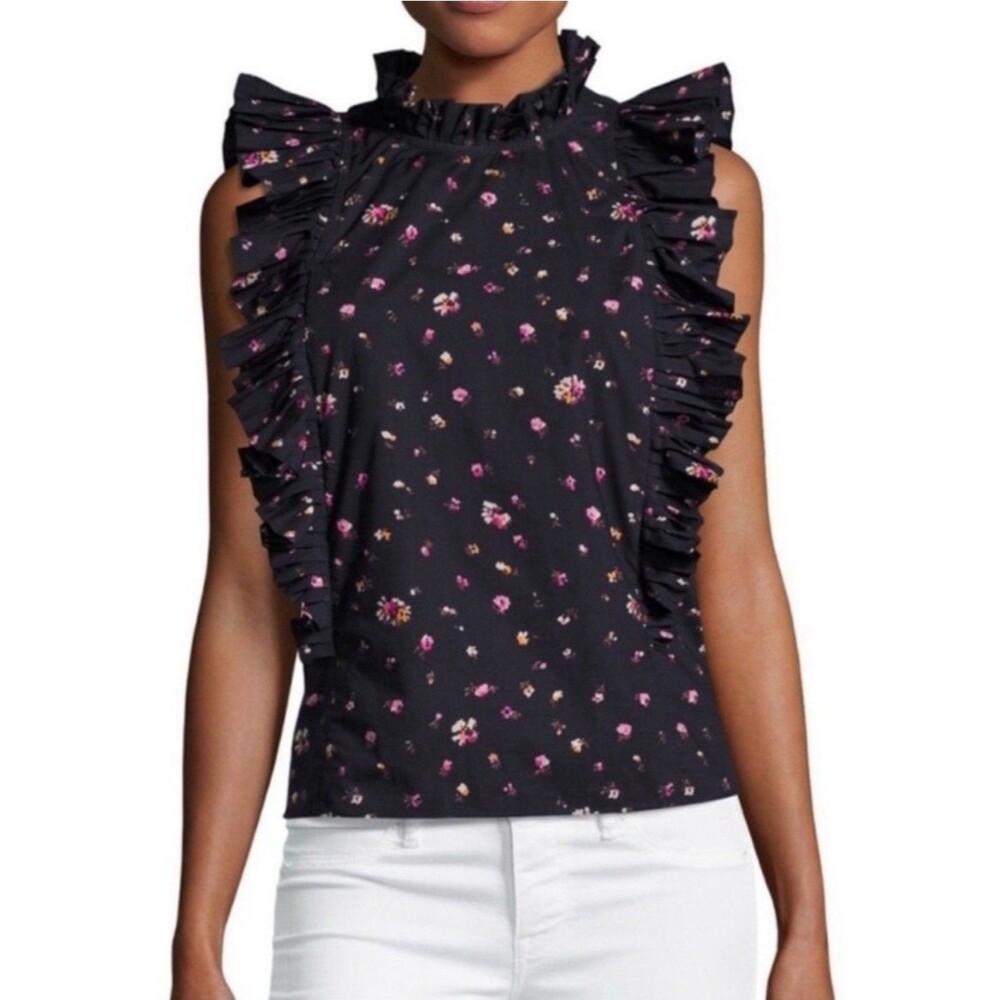 Rebecca Taylor Mia Floral Top Women Size 2 Navy Cotton Sleeveless Ruffle Blouse
